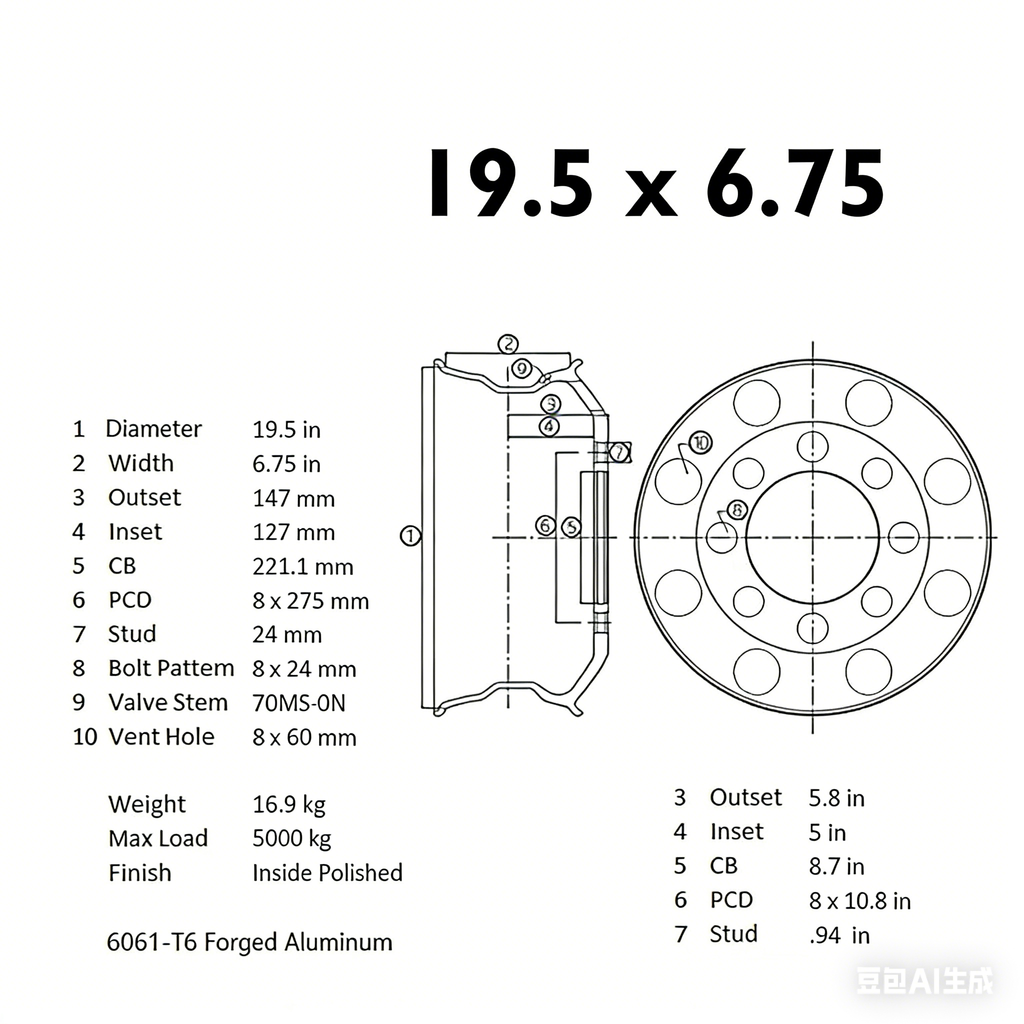 19.5" x 6.75" Forged Aluminum Truck Wheel