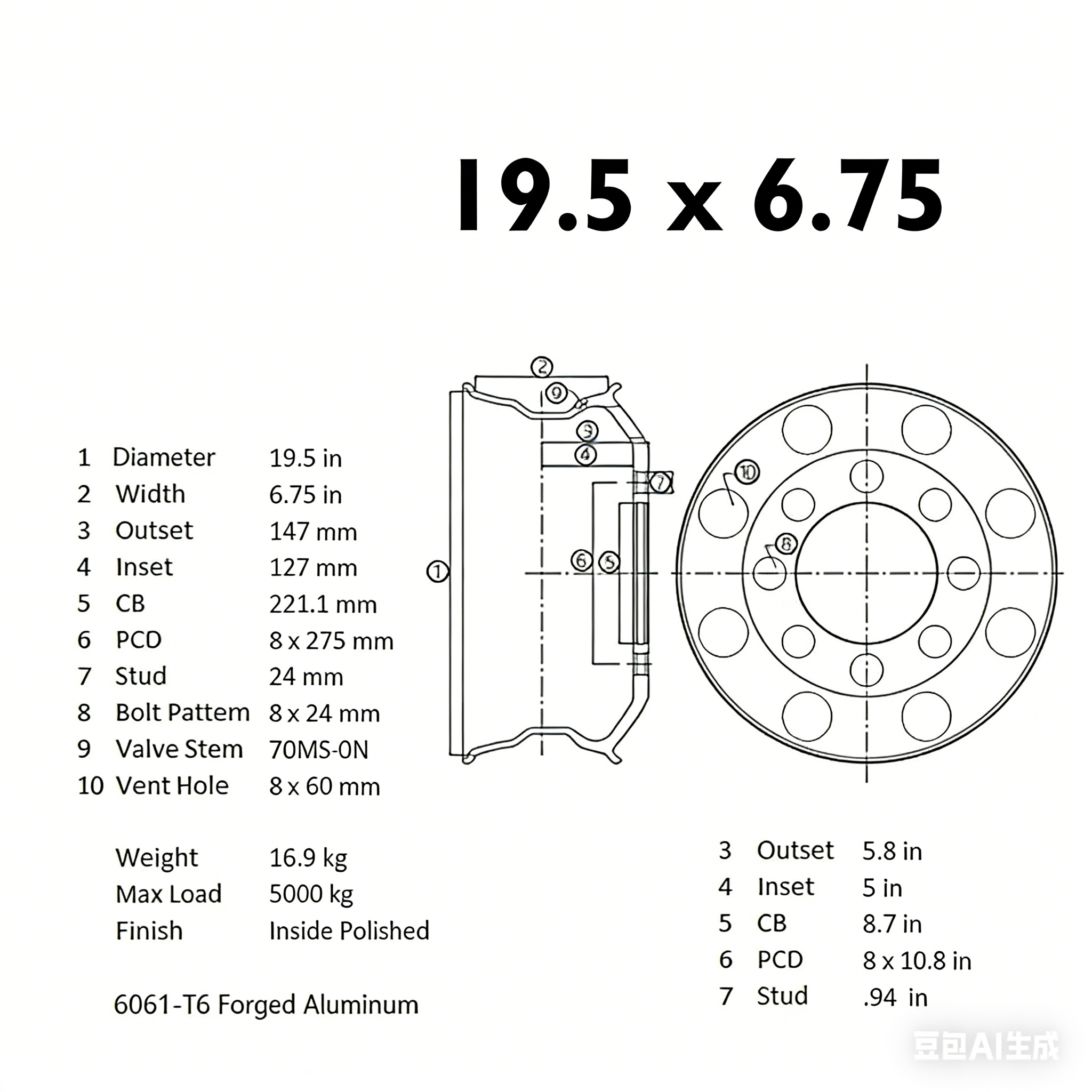 19.5" x 6.75" Forged Aluminum Truck Wheel