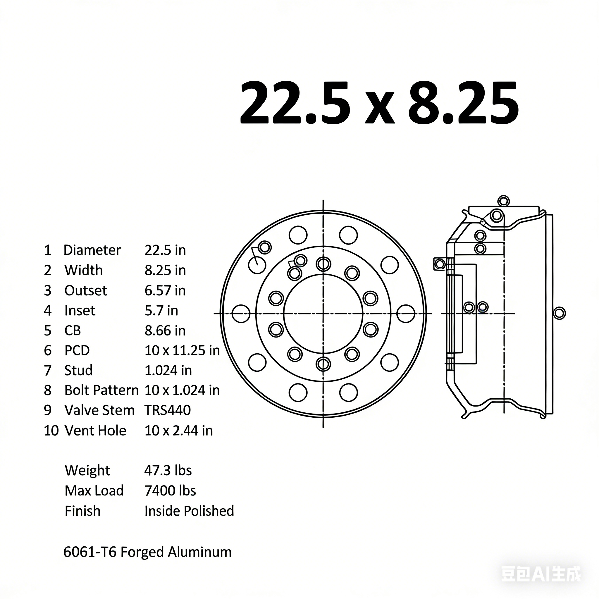 22.5x8.25 Truck Wheels Alcoa Style Forged Aluminum Rims Both-Side Mirror Polished Hub-Piloted