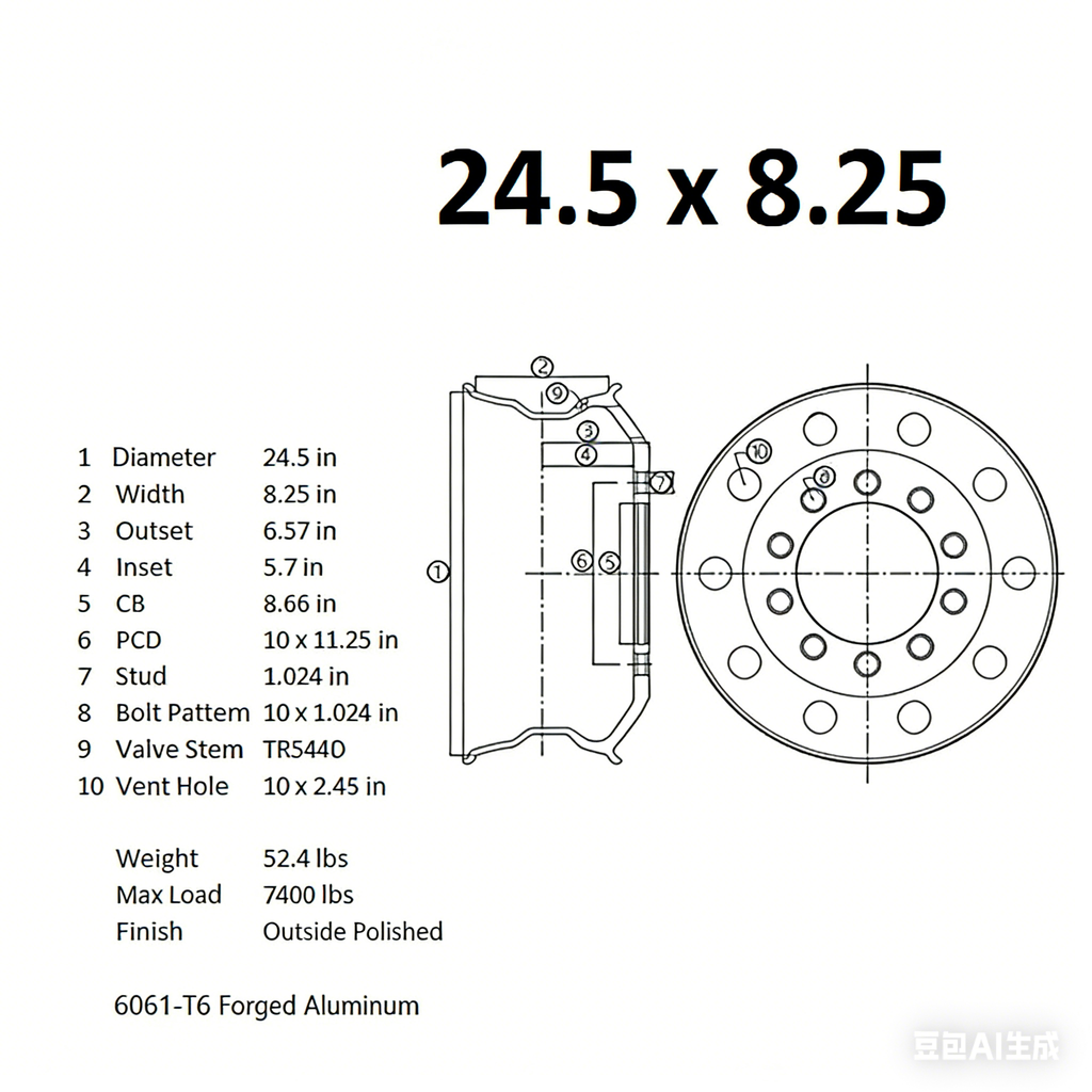 24.5x8.25 Truck Wheels Forged Aluminum Rims Both-Side Mirror Polished