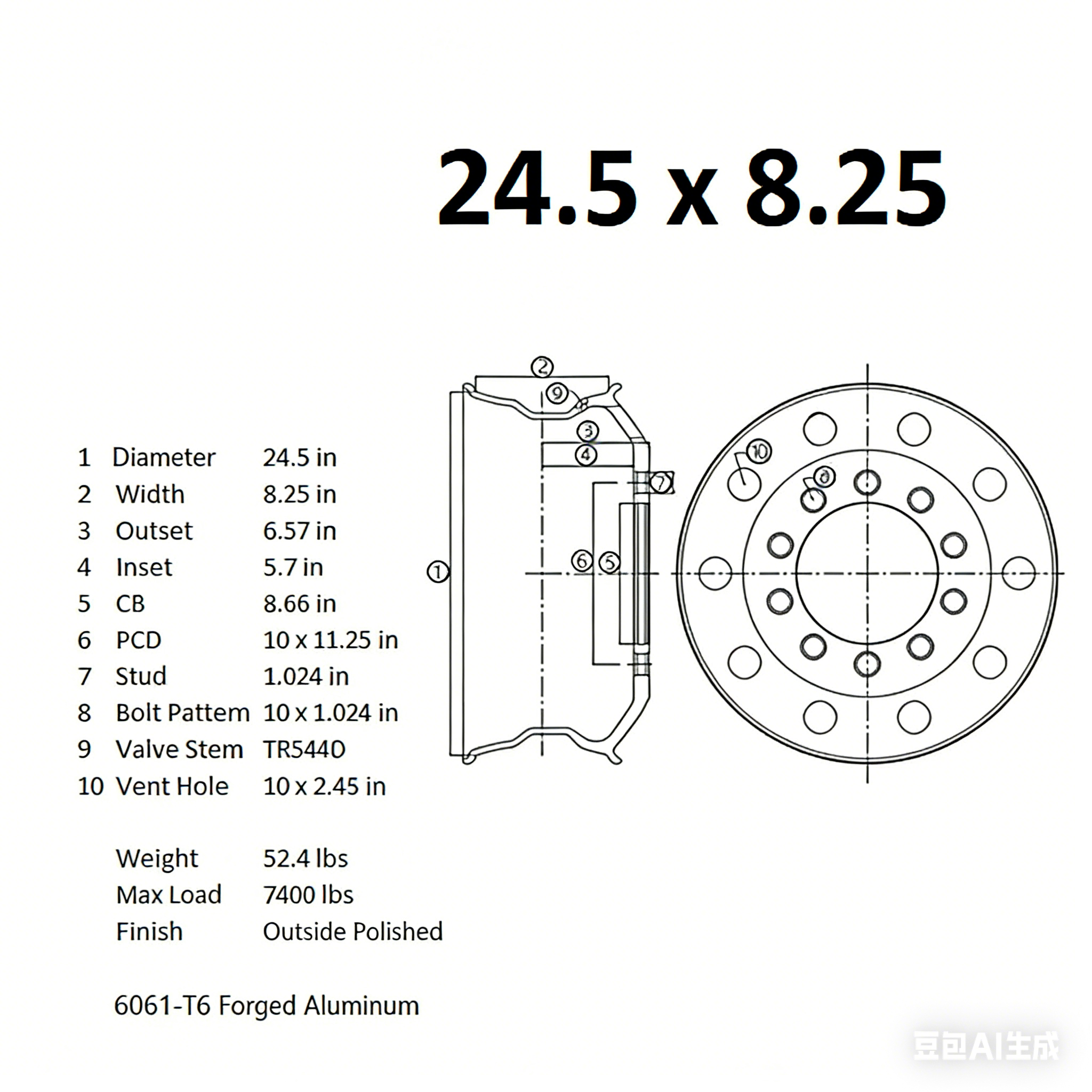 24.5x8.25 Truck Wheels Forged Aluminum Rims Both-Side Mirror Polished